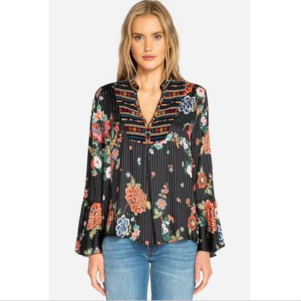 Johnny Was Velvet Mix Flare Sleeve Blouse XL NEW